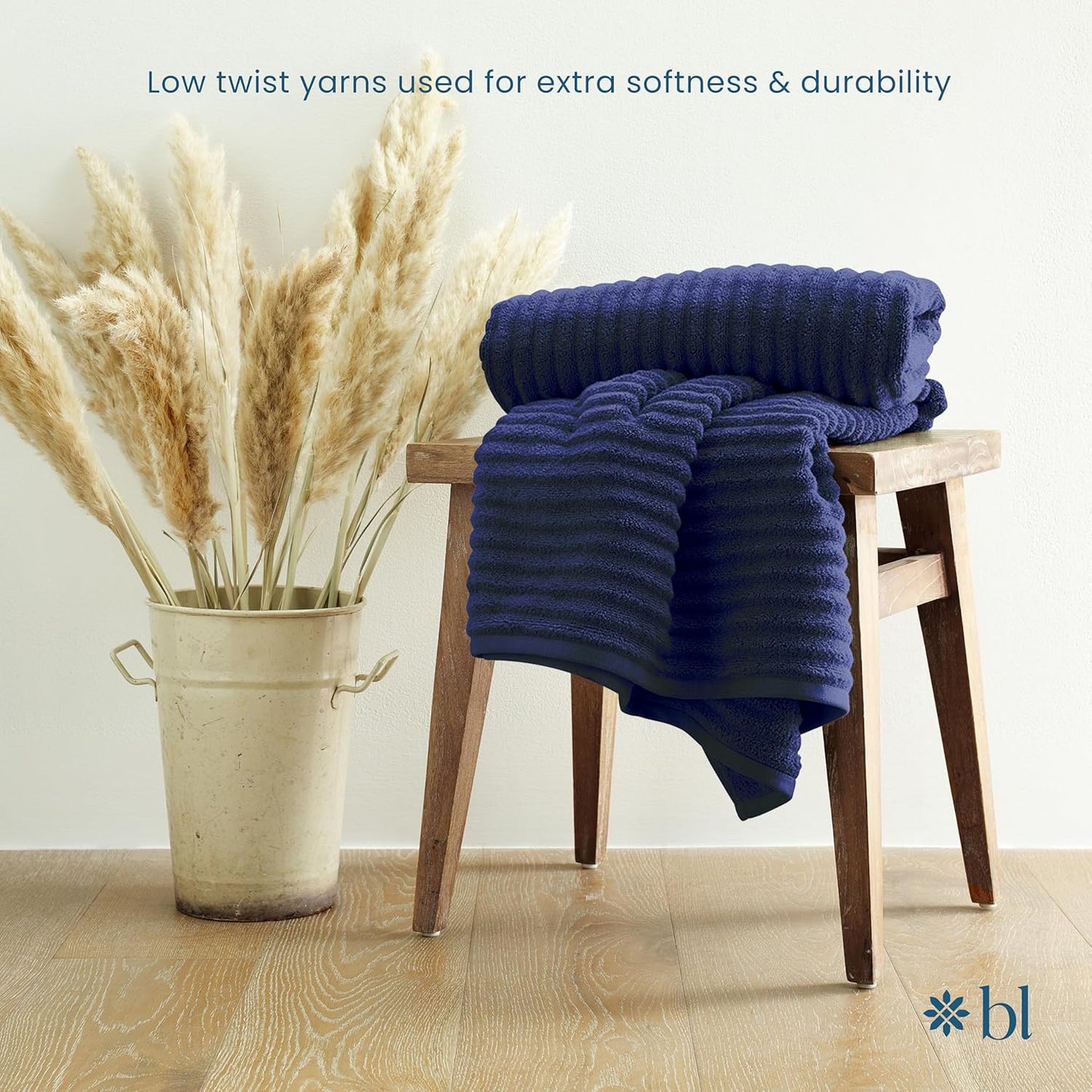 Blue Loom Ribbed Hand 2 Towels Set, 100% Cotton 600GSM, Soft Absorbent Durable Quick Drying for Bathroom - Mason 2 Piece 18" x 30" - Navy