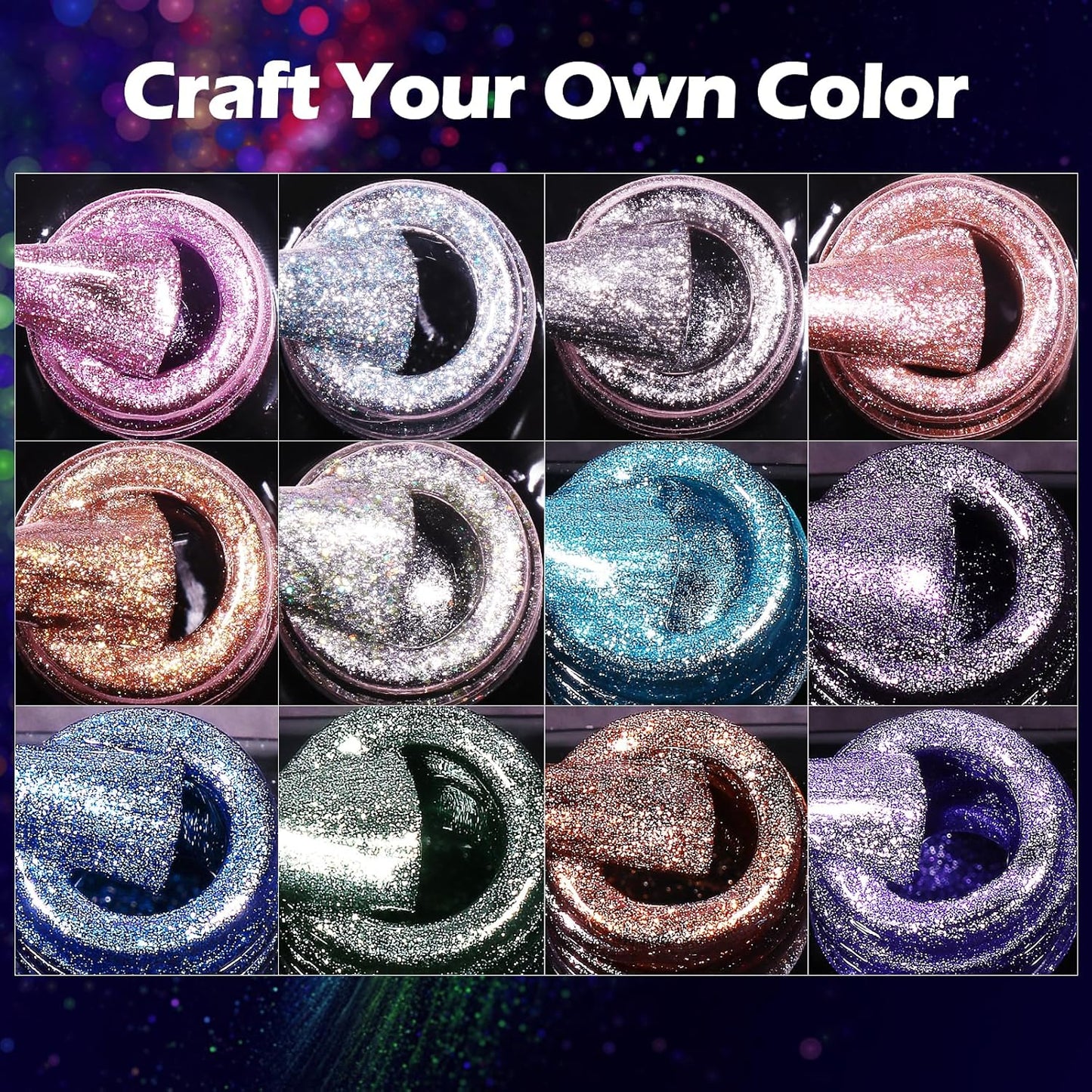 Clara Colors Cat Eye Gel Nail Polish Set - 12 Holographic Glitter Colors With Magnet, Romantic Galaxy Series, Long Lasting Soak Off UV LED