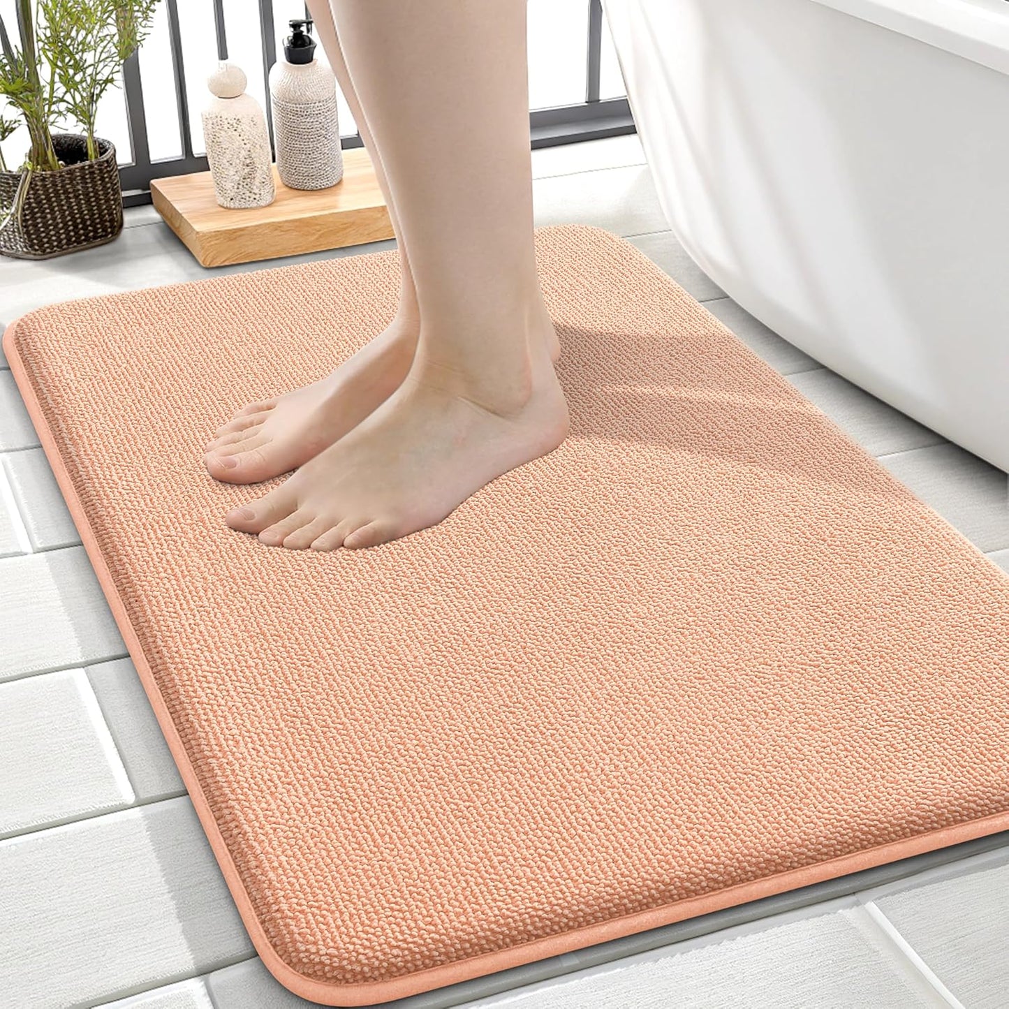 OLANLY Thick Memory Foam Bath Mat Rug 24x16, Extra Soft Absorbent Bathroom Rug, Quick Dry Bath Mats, Non-Slip, Machine Washable Carpet for Bathroom, Tub and Shower, Home Decor Accessories, Peach