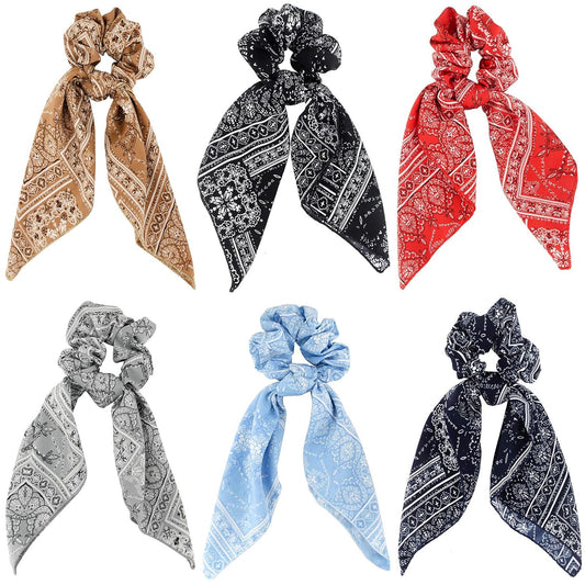 Hair Scarf Ties Ponytail with 6PCS Scarf-Scrunchies, Paisley Flower Printing, Chiffon Material, for Women Girls, Hair Accessories