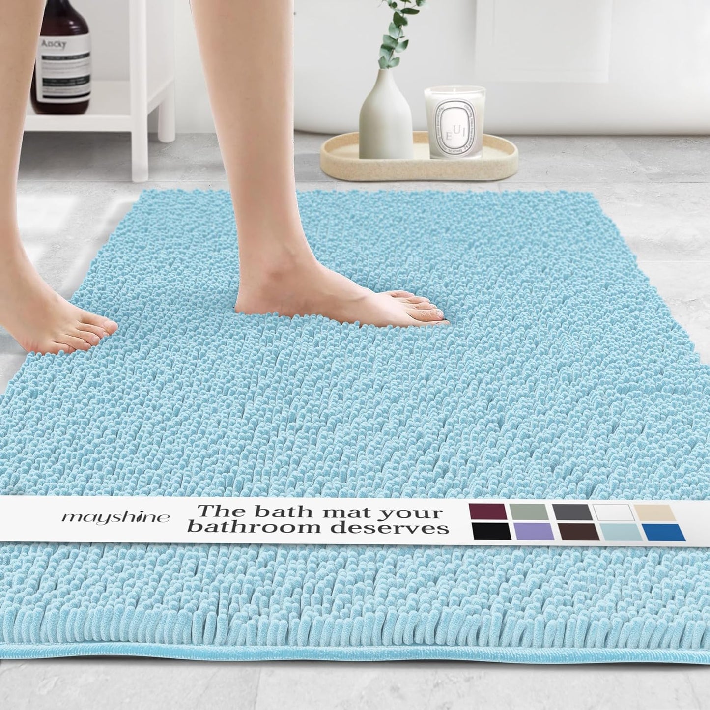 MAYSHINE Plush Shaggy Chenille Bath Mat | Extra Soft, Super Absorbent, Non-Slip Bathroom Rug | Fluffy Microfiber, Area Rug Sets for Bathroom Floor, Kitchen, Living Room | 47"x27" | Spa Blue