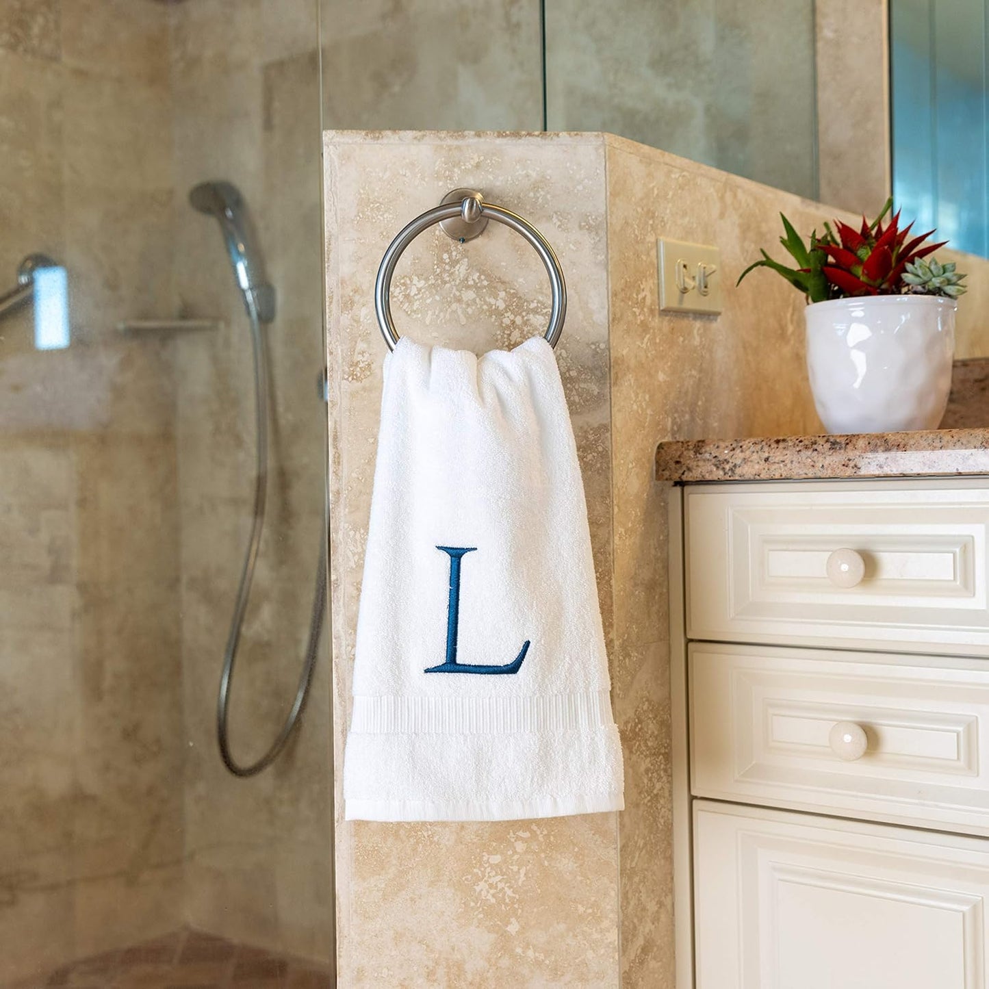 Monogrammed Hand Towels for Bathroom - Luxury Hotel Quality Personalized Initial Decorative Embroidered Bath Towel for Powder Room, Spa - GOTS Organic Certified - Set of 2 Navy Letter L