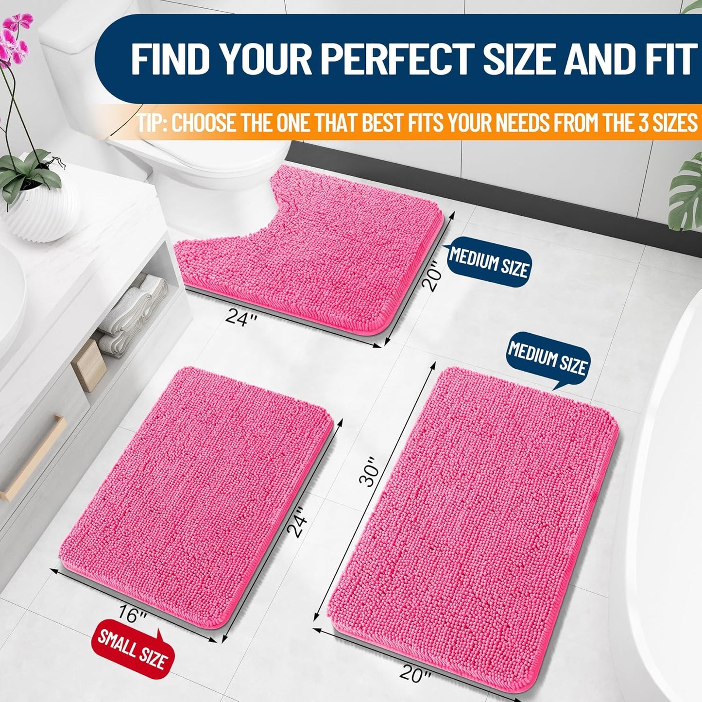 OLANLY Toilet Rugs U-Shaped 24x20, Extra Soft Absorbent Chenille Contour Bathroom Rugs for Toilet, Dry Quickly, Machine Washable, Non-Slip Bath Mat, Hot Pink
