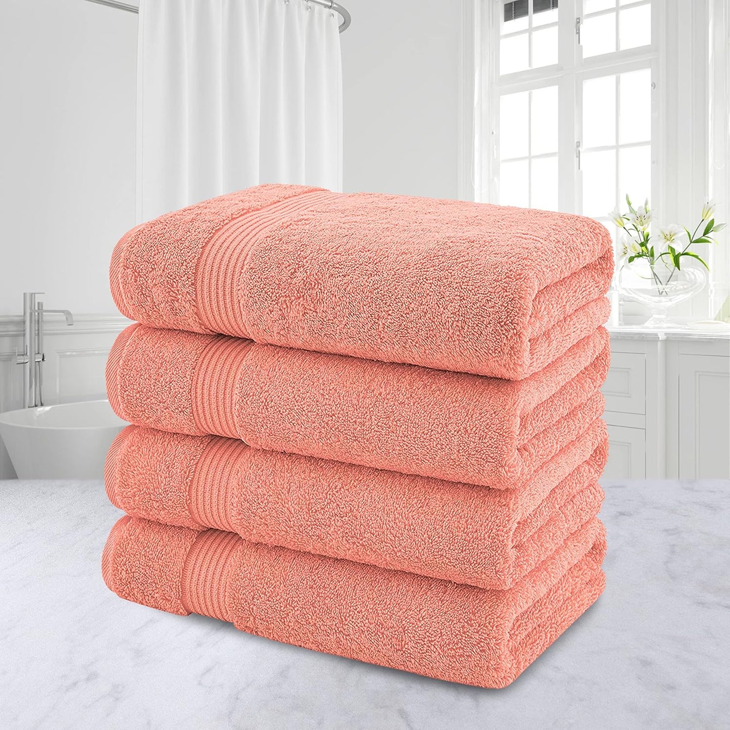 American Veteran Towel, 100% Cotton Turkish Bath Towels for Bathroom 4 Pack, 27x54 Extra Large Premium Soft Drying Bathroom Towels, Coral