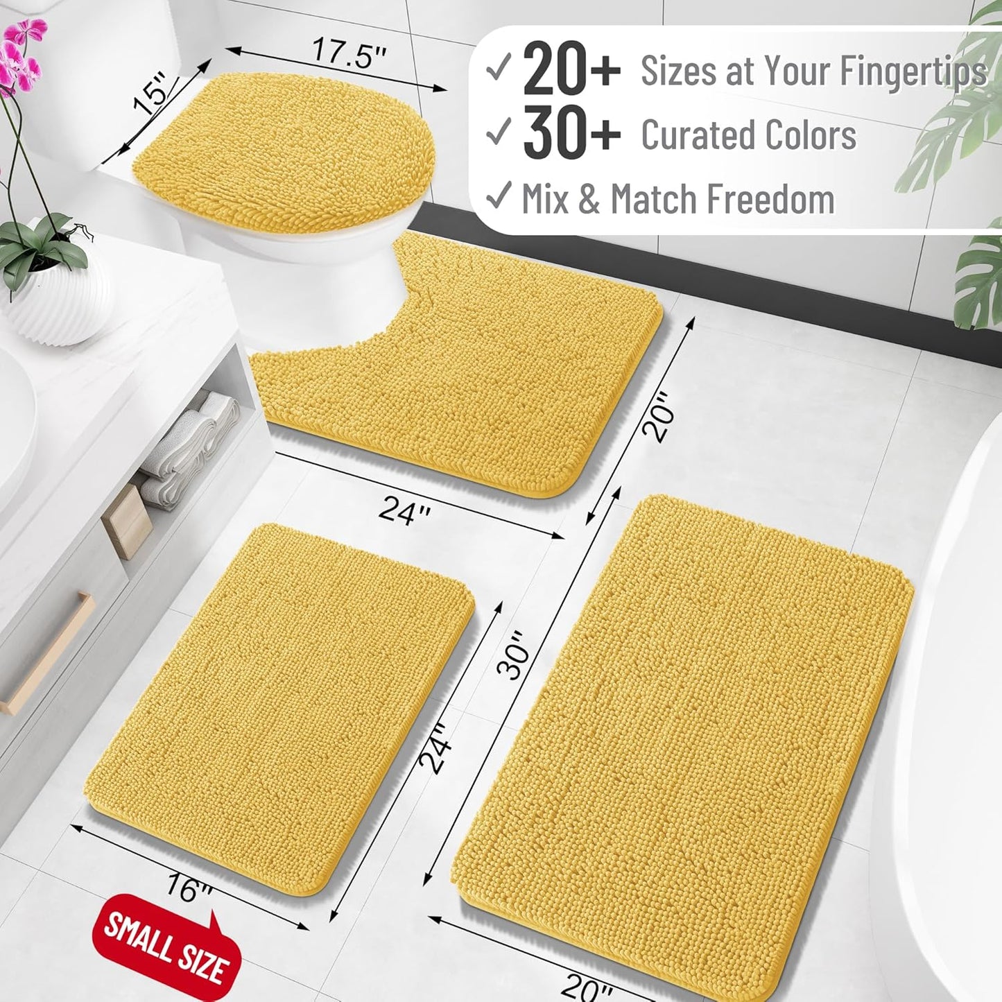 OLANLY Bathroom Rugs 24x16, Extra Soft Absorbent Chenille Bath Rugs, Rubber Backing Quick Dry, Machine Washable Bath Mats for Bathroom Floor, Tub and Shower, Home Decor Accessories, Yellow