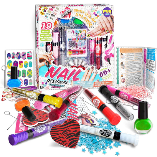 Nail Polish Pens Kit for Girls Ages 7-12, FunKidz Nail Pen Combo Kit Teen Gift Peelable Nail Art Studio Set with Cool Girly Decoration Stuff Pearl Beads, Glitter, Nail Stickers, Nail File, Gems