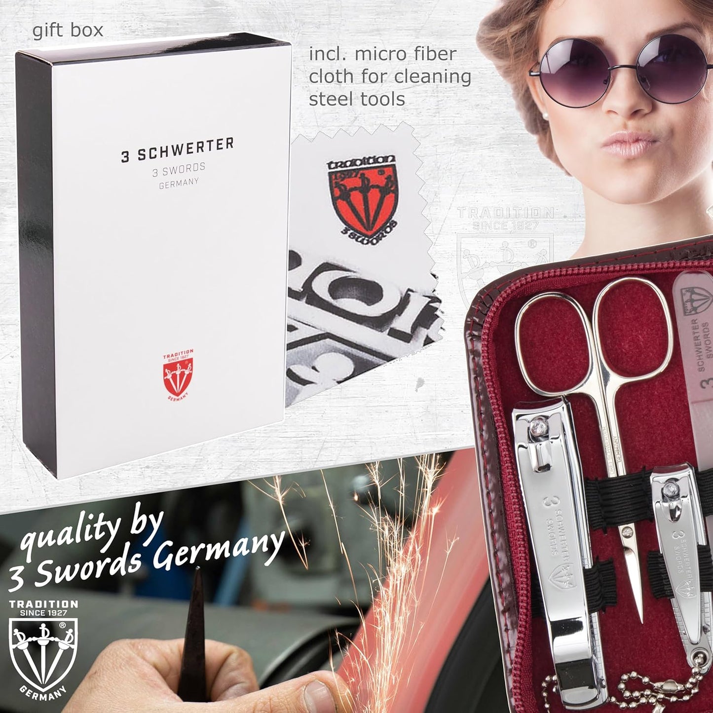 3 Swords Germany - brand quality 8 piece manicure pedicure grooming kit set synthetic leather case shiny burgundy - Made in Germany