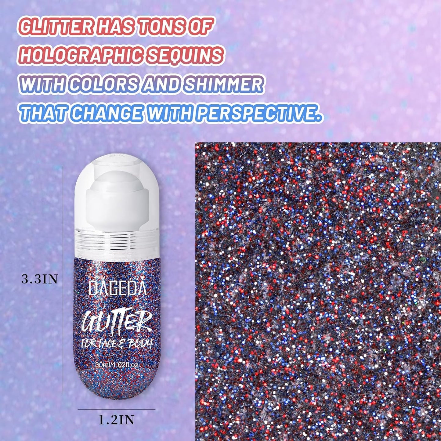 DAGEDA Red White and Blue Body Glitter Gel, Roll-on Face Glitter for USA Pride Day, 4th of July Women Costume Accessories,Patriotic Glitters President's Day, Holographic Festival Makeup