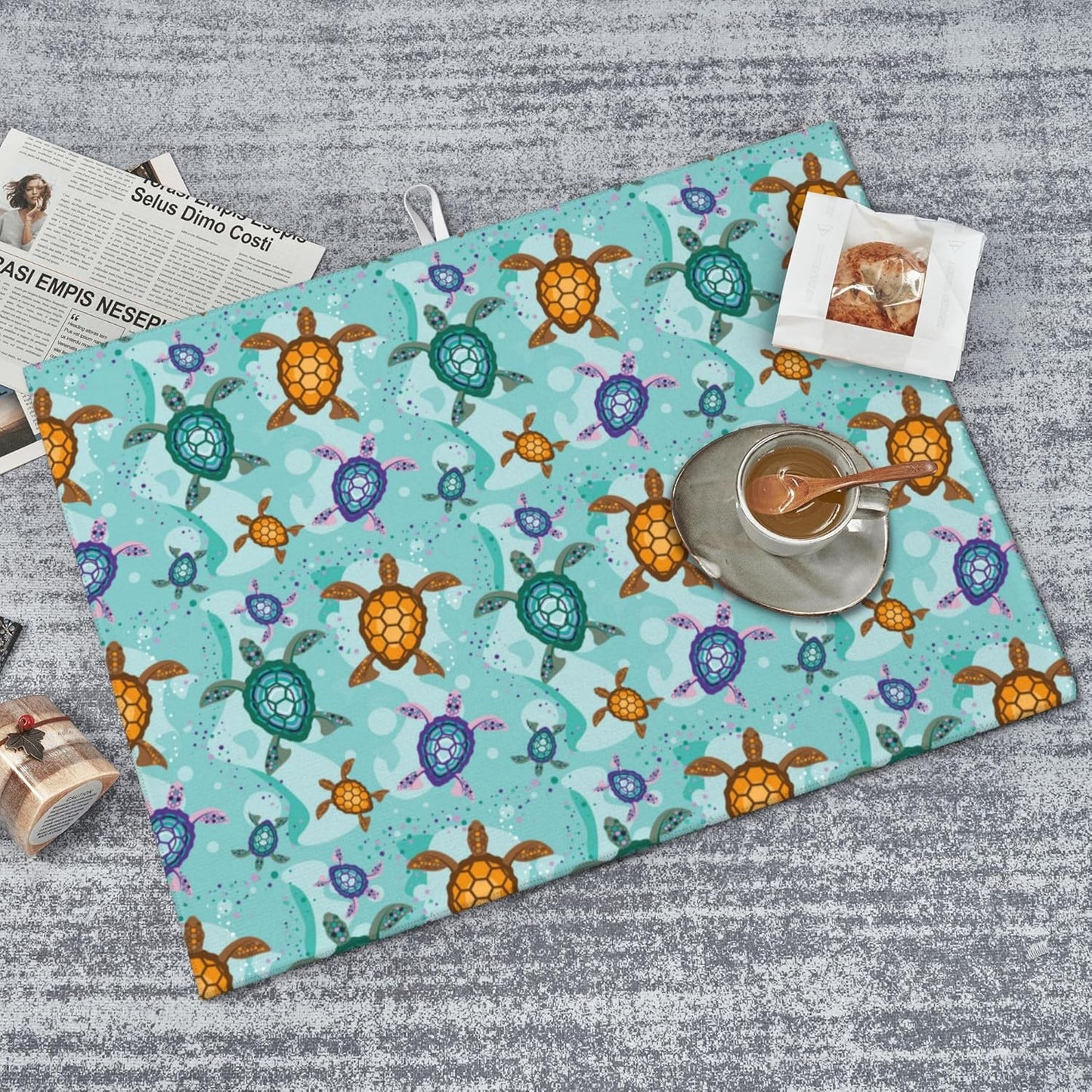 Cute Sea Turtle Beach Dish Drying Mat for Kitchen Counter Absorbent Reversible Ocean Themed Decorative Drying Pad Dark Kitchen Decor Dish Drainer Rack Mats 18"x24"