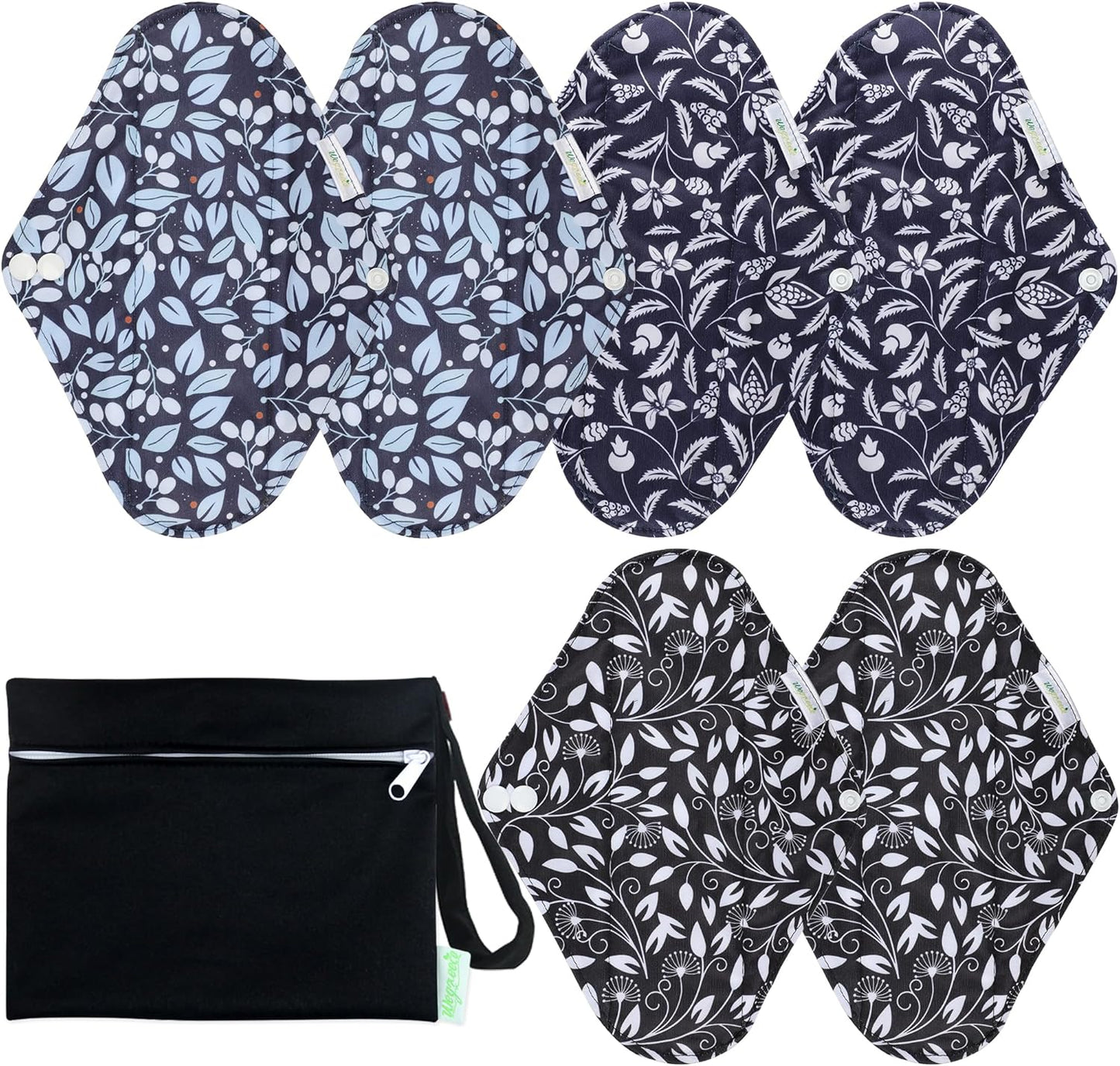 wegreeco Reusable Menstrual Pads - Reusable Sanitary Pads | Reusable Panty Liners | Soft Cloth Menstrual Pads - 6 Pack with 1 Cloth Mini Wet Bag (Large, Leaves 02)