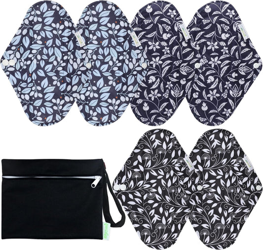 wegreeco Reusable Menstrual Pads - Reusable Sanitary Pads | Reusable Panty Liners | Soft Cloth Menstrual Pads - 6 Pack with 1 Cloth Mini Wet Bag (Large, Leaves 02)