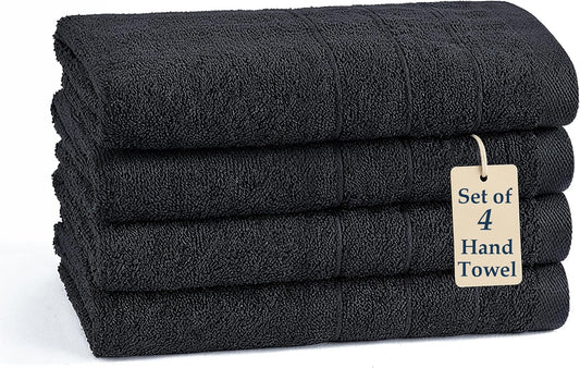 Casa Platino 4 Pack Hand Towels for Bathroom (16"x28") - Spa & Hotel Quality - 100% Cotton, Ring Spun - Quick Dry, Ultra Soft & Absorbent Black Hand Towels Set of 4 - Perfect for Everyday Use - Black