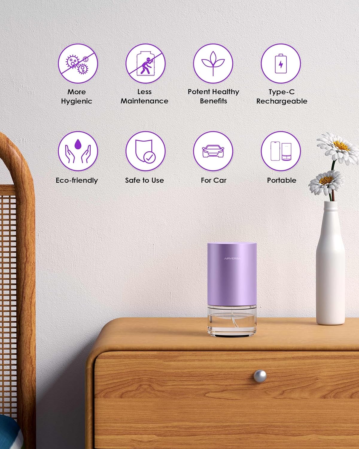 Airversa Essential Oil Diffuser Waterless Aromatherapy Diffusers for Home Large Room, Bedroom, Car, Office, Desk, Battery Operated, Small Diffuser for Pure Scent, 100mL Capacity, AN9 (Lavender)