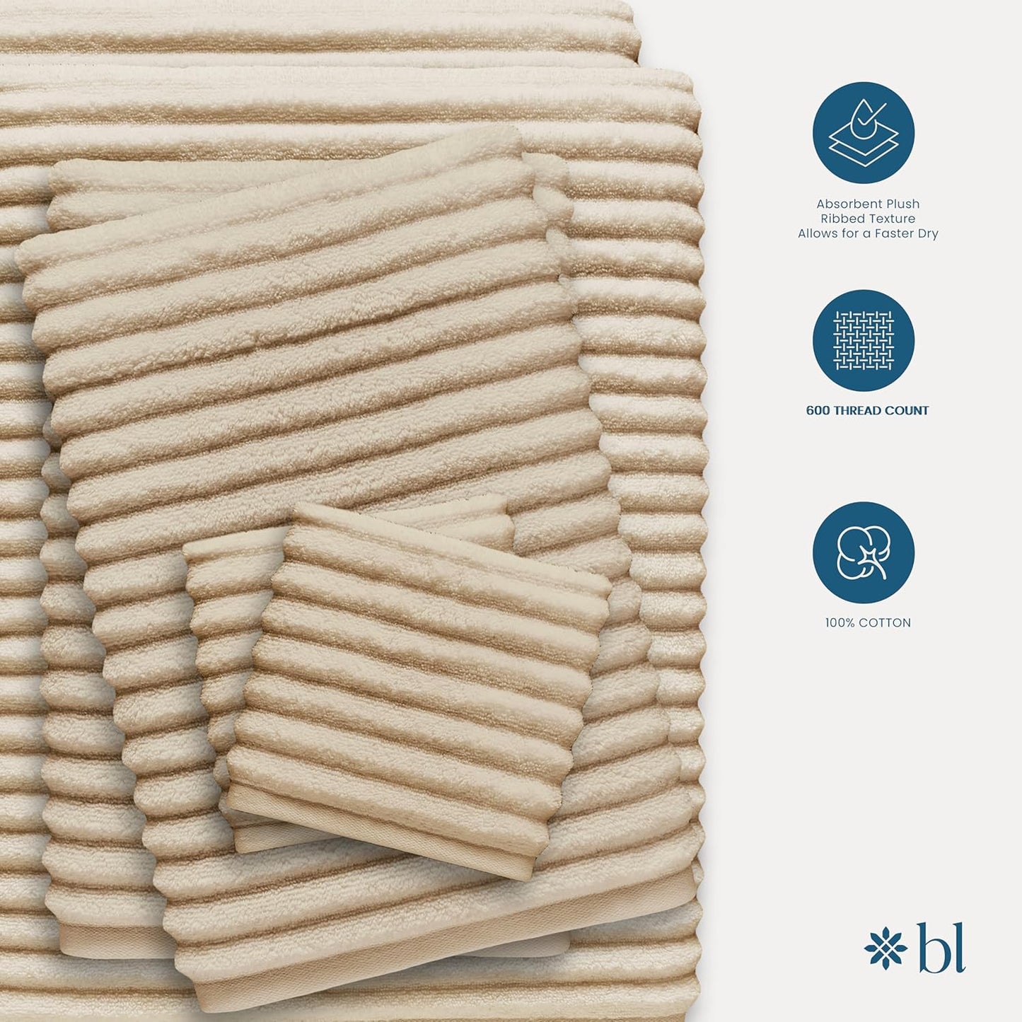 Blue Loom Ribbed Hand 2 Towels Set, 100% Cotton 600GSM, Soft Absorbent Durable Quick Drying for Bathroom - Mason 2 Piece 18" x 30" - Ivory