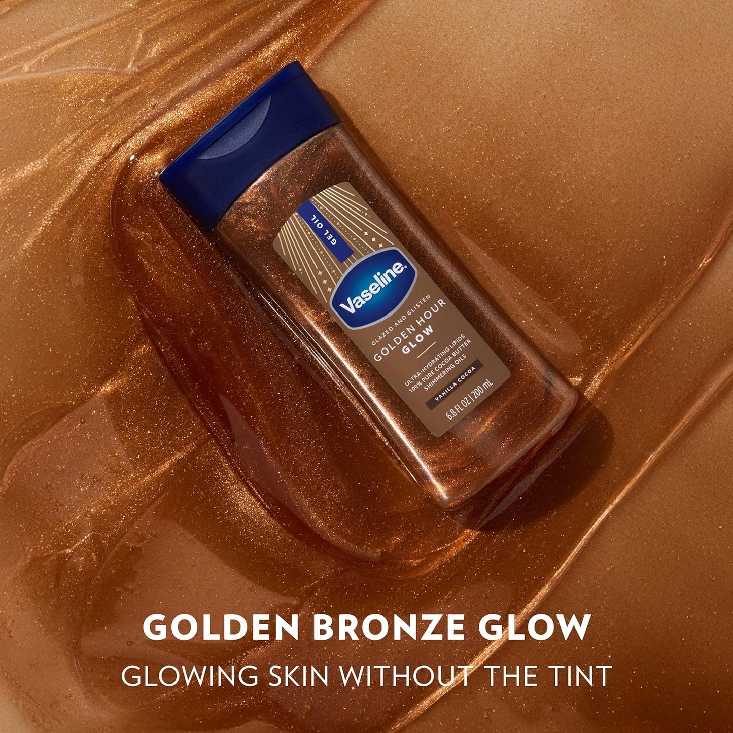 Vaseline Glazed and Glisten Golden Hour Body Gel Oil Glow Vanilla Cocoa Shimmering with Ultra-Hydrating Lipids and 100% Pure Cocoa Butter, 6.8 Oz