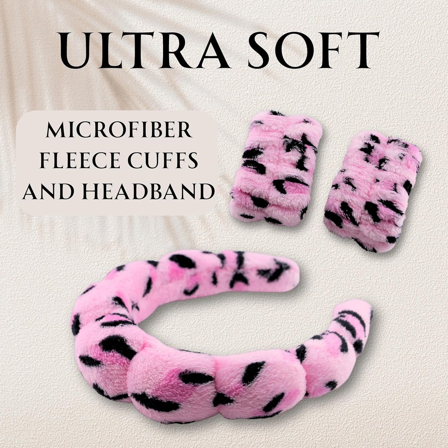 Spa Headband Wrist Band for washing face set Sponge Makeup Skincare Headband Wrist Towels Bubble Soft Terry Towel Cloth Hairband for Women Puffy Headwear Non Slip Thick Thin Hair Headwear (Leopard)