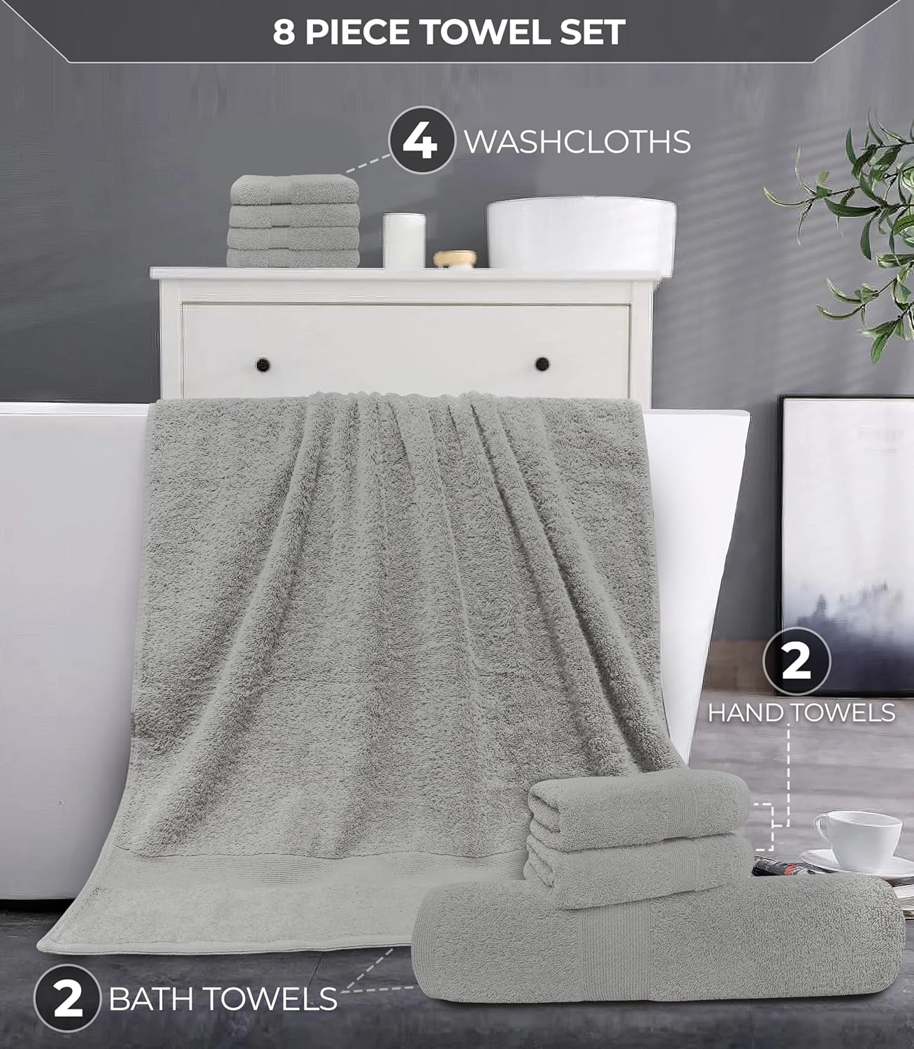 Softolle Luxury 8 Piece Towel Set, 2 Bath Towels 2 Hand Towels 4 Washcloths, Towels for Bathroom, Home, Spa & Gym - Highly Absorbent (Silver Grey)