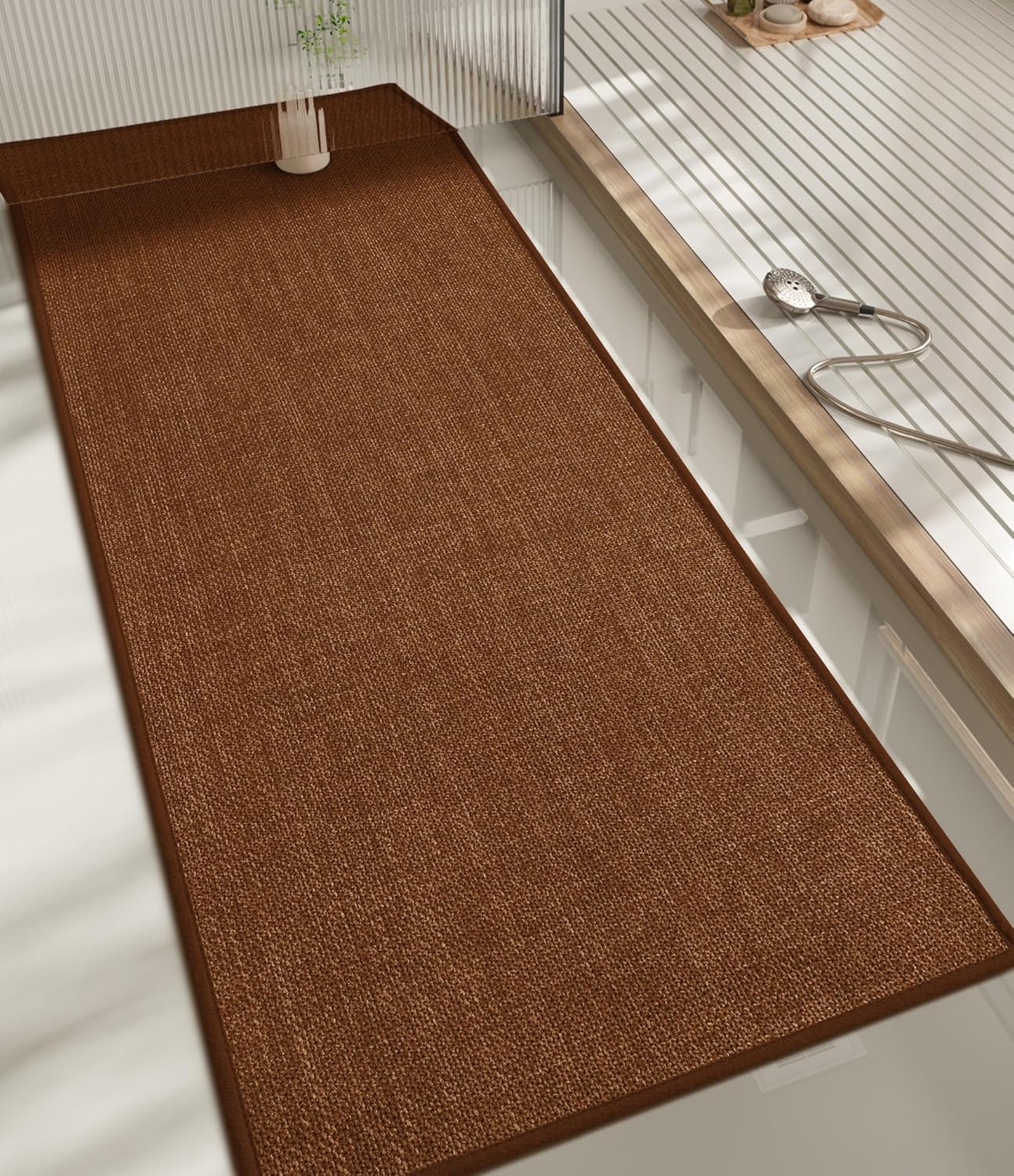 chakme Bathroom Rugs Mat 59x17, Ultra Thin Bath Rug Non Slip Runner Quick Dry Absorbent Bath Mat for Bathroom, (Rust, 59"x17")