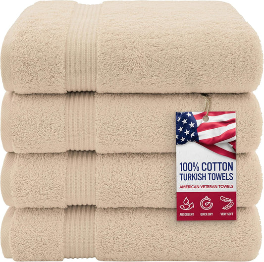 American Veteran Towel, 100% Cotton Turkish Bath Towels for Bathroom 4 Pack, 27x54 Extra Large Premium Soft Drying Bathroom Towels, Beige