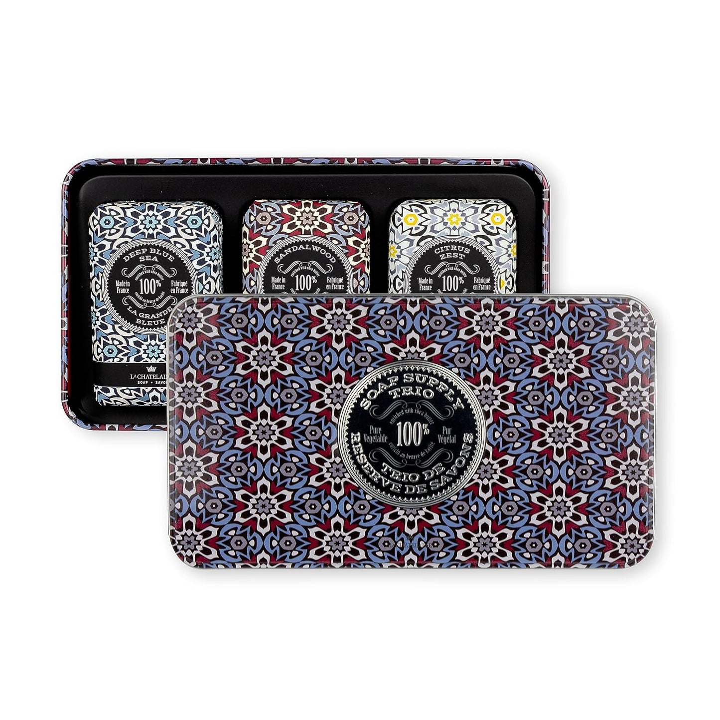 La Chatelaine Luxury Bar Soap Trio Gift Set Tin | Made in France | Natural and Organic | Shea Butter Formula | 3 x 8.8 oz / 250g - Red Mosaic Soap Trio (Deep Blue Sea, Sandalwood, Citrus Zest)