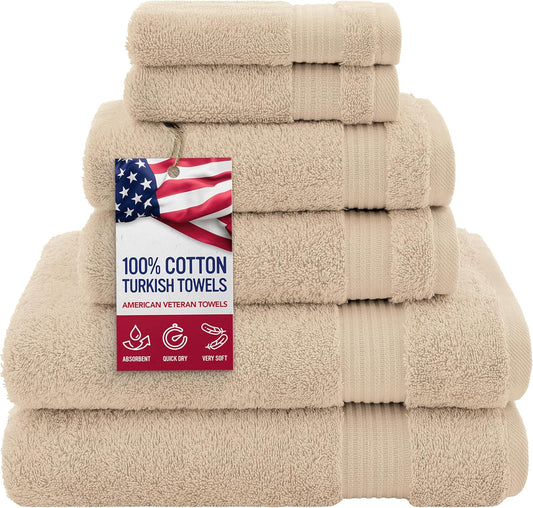American Veteran 6 Piece Luxury Towel Set, 100% Cotton Turkish Towels - 2 Bath, 2 Hand, 2 Washcloths, Beige