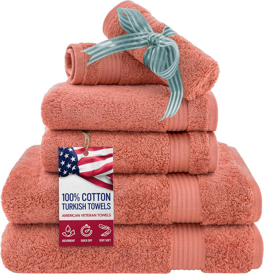 American Veteran Towel, 6 Piece Towel Set for Bathroom, 100% Cotton Turkish Bathroom Towels, 2 Bath Towels 2 Hand Towels 2 Washcloths, Coral