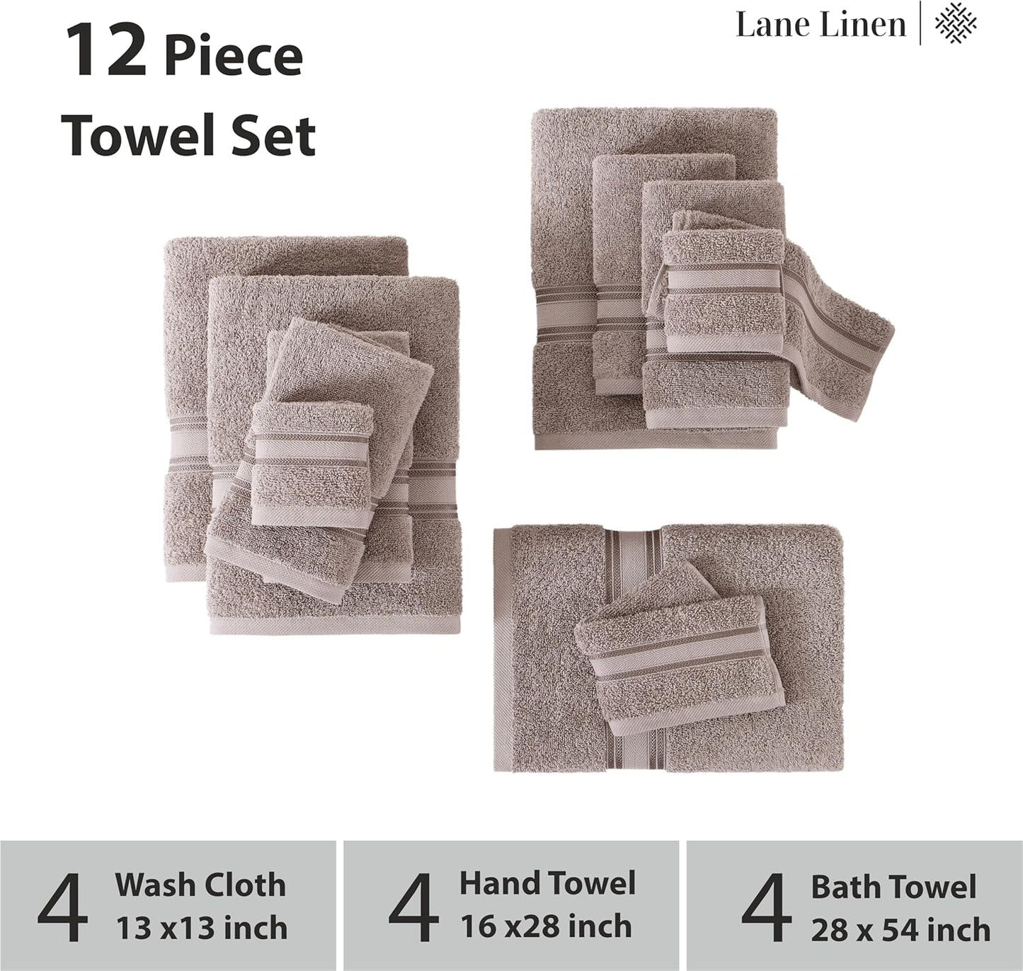 LANE LINEN Luxury Bath Towels Set - 12 Piece, 100% Cotton, Zero Twist, Super Soft & Extra Absorbent, Includes 4 Bath Towels, 4 Hand Towels, 4 Washcloths - Platinum