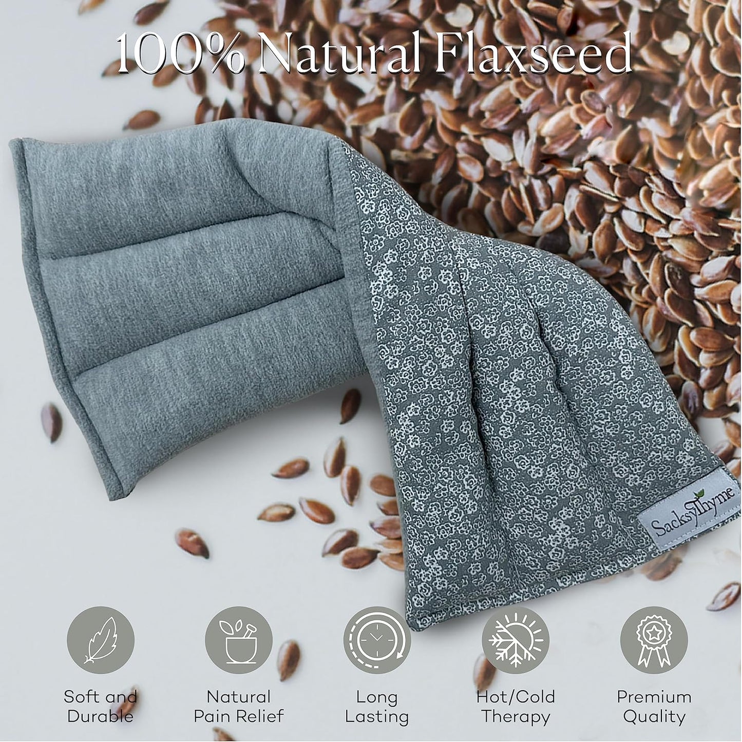 SacksyThyme Microwave Heating Pad for Back, Neck, Menstrual Cramps, Shoulders, Leg Pain Relief - Hot Moist Microwavable Therapy Pack - Gray Unscented Flaxseed Heat Pad Made in USA