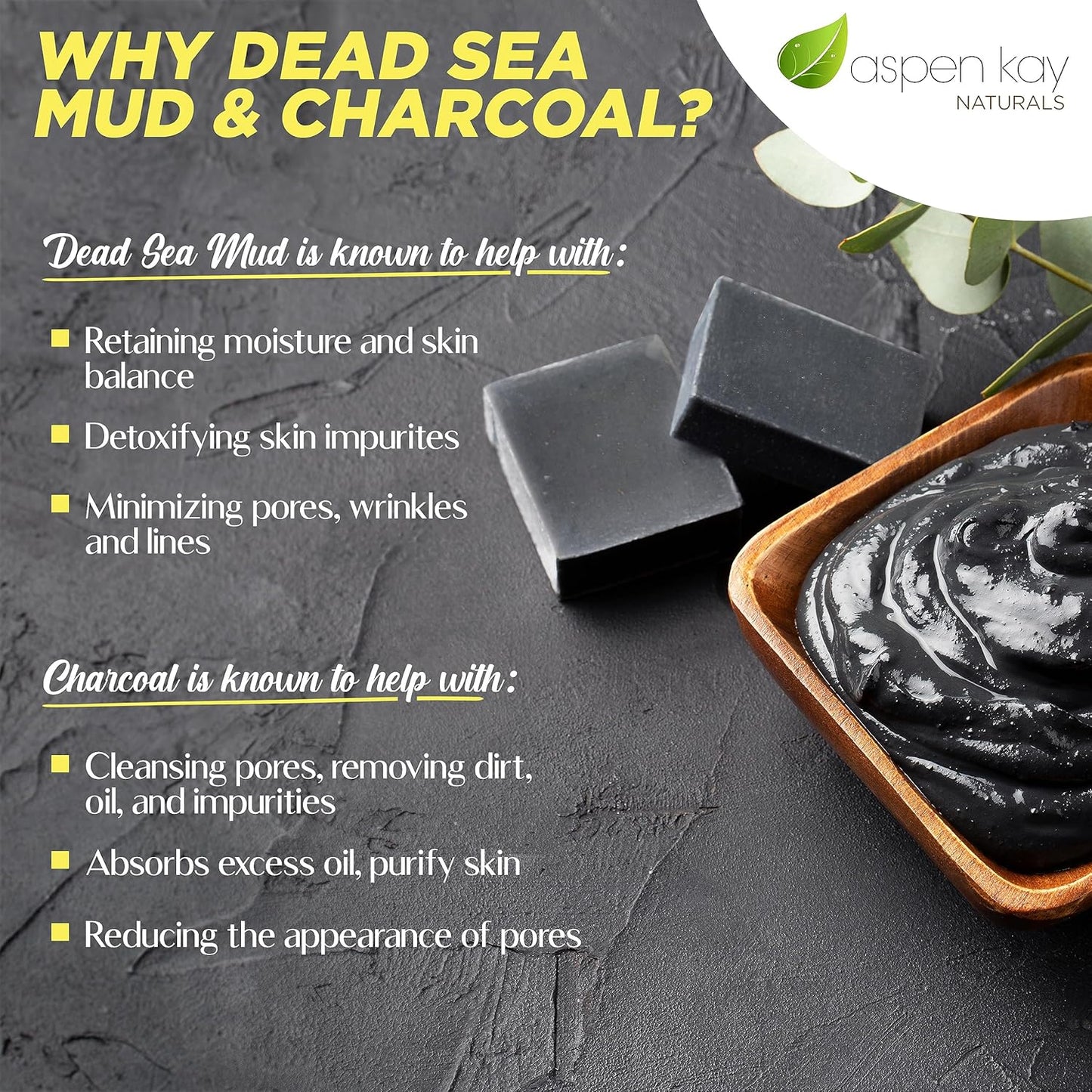 Aspen Kay Naturals Dead Sea Mud and Charcoal Soap Bar. With Organic Shea Butter & Pure Essential Oils. Charcoal Face Wash for Men, Women & Teens. (6 pack)