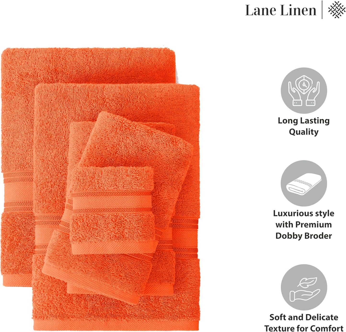 LANE LINEN Luxury Bath Towels Set - 6 Piece, 100% Cotton, Quick Dry, Super Soft & Absorbent, Zero Twist (2 Bath Towels, 2 Hand Towels, 2 Washcloths) - Rust