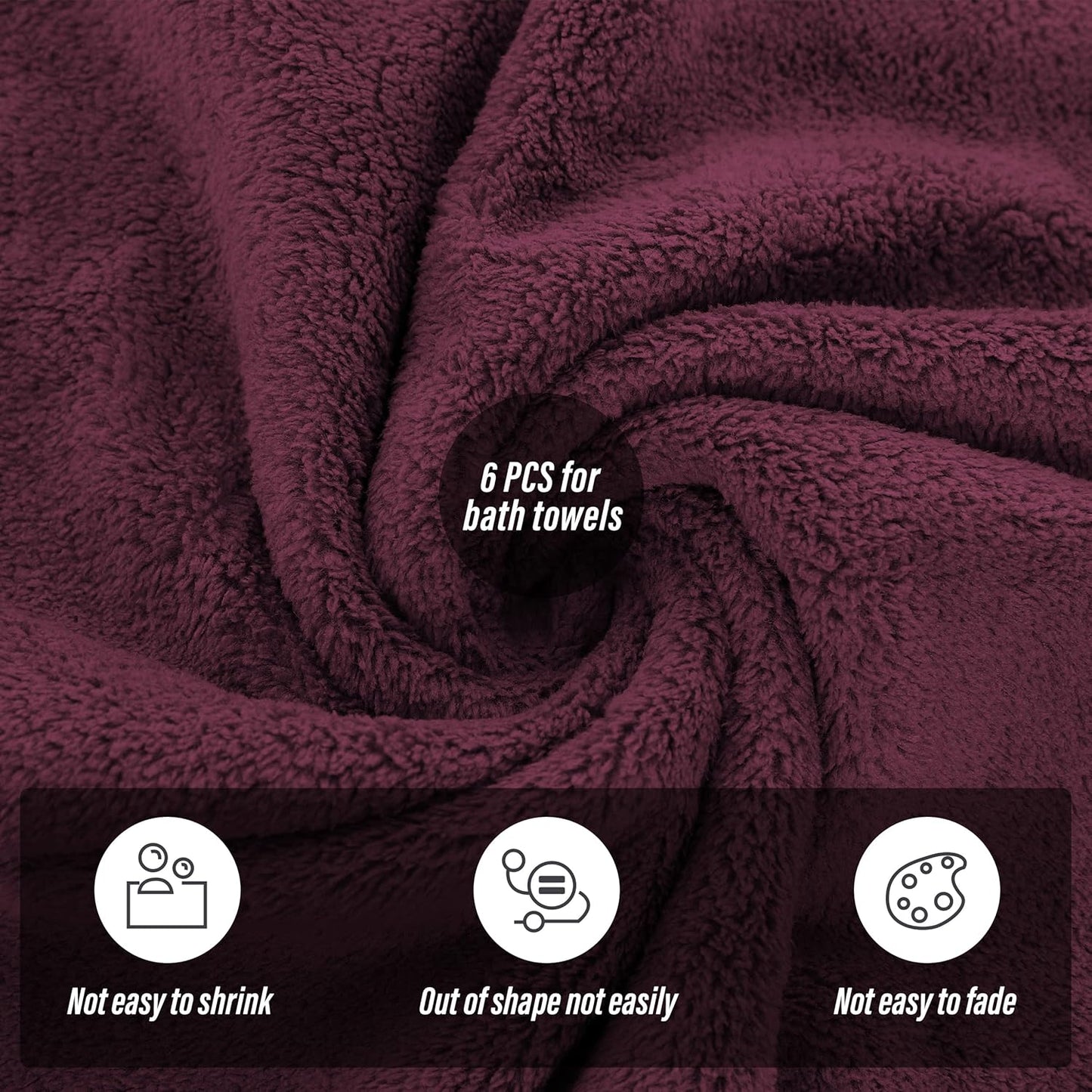 MOONQUEEN 6 Pack Premium Bath Towel Set - Quick Drying - Microfiber Coral Velvet Highly Absorbent Towels - Multipurpose Use as Bath Fitness, Bathroom, Shower, Sports, Yoga Towel (Burgundy)