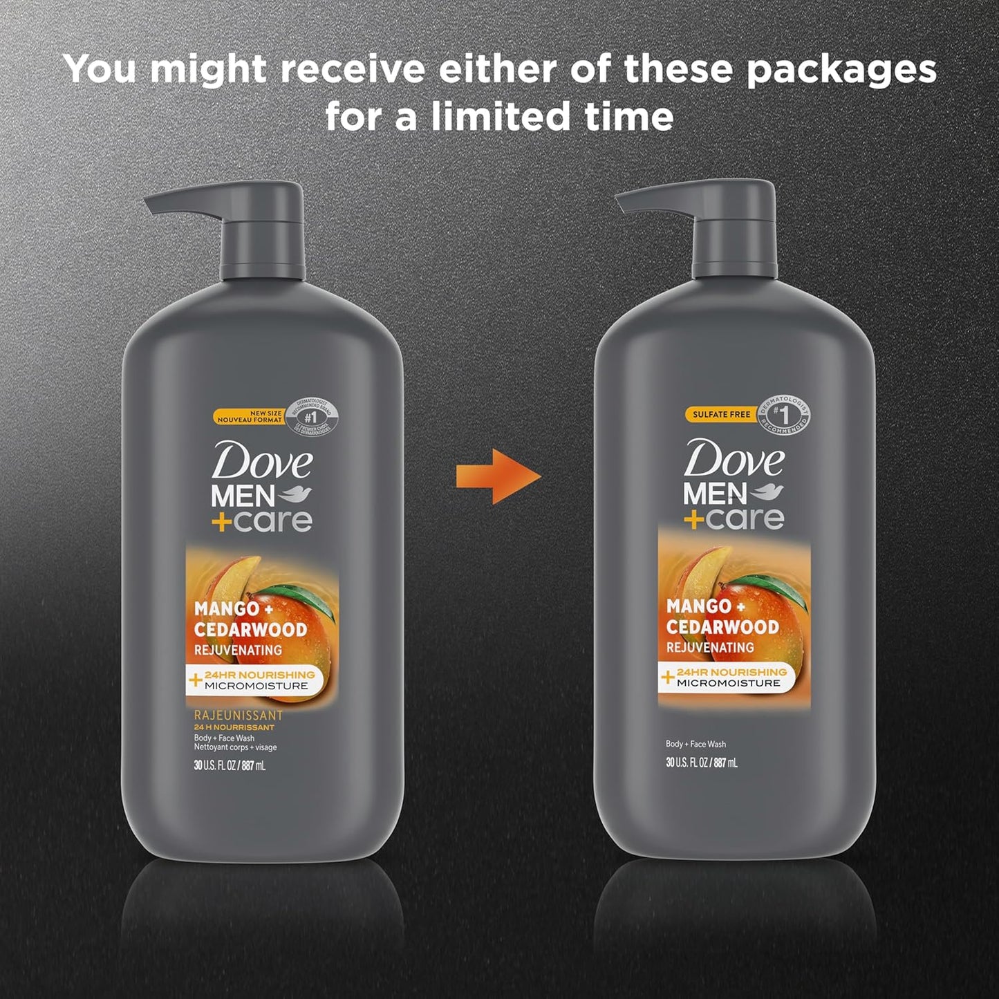 DOVE MEN + CARE body and face wash rejuvenating mango + cedarwood for Men, with 24-Hour Nourishing Micromoisture Technology, 30 oz