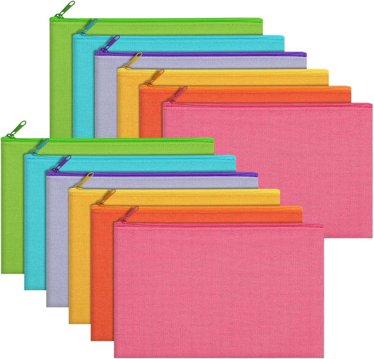 12 Pieces Cotton Canvas Makeup Bag, Multipurpose Cosmetic Bag with Zipper Travel Toiletry Pouch, Blank DIY Craft Bag (Multicolored B, M)