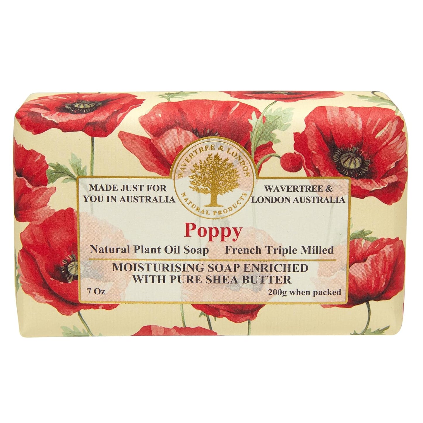 Wavertree & London Poppy Scented Natural Soap Bar, 7oz Moisturizing French Triple Milled Soap Bar for Women & Men