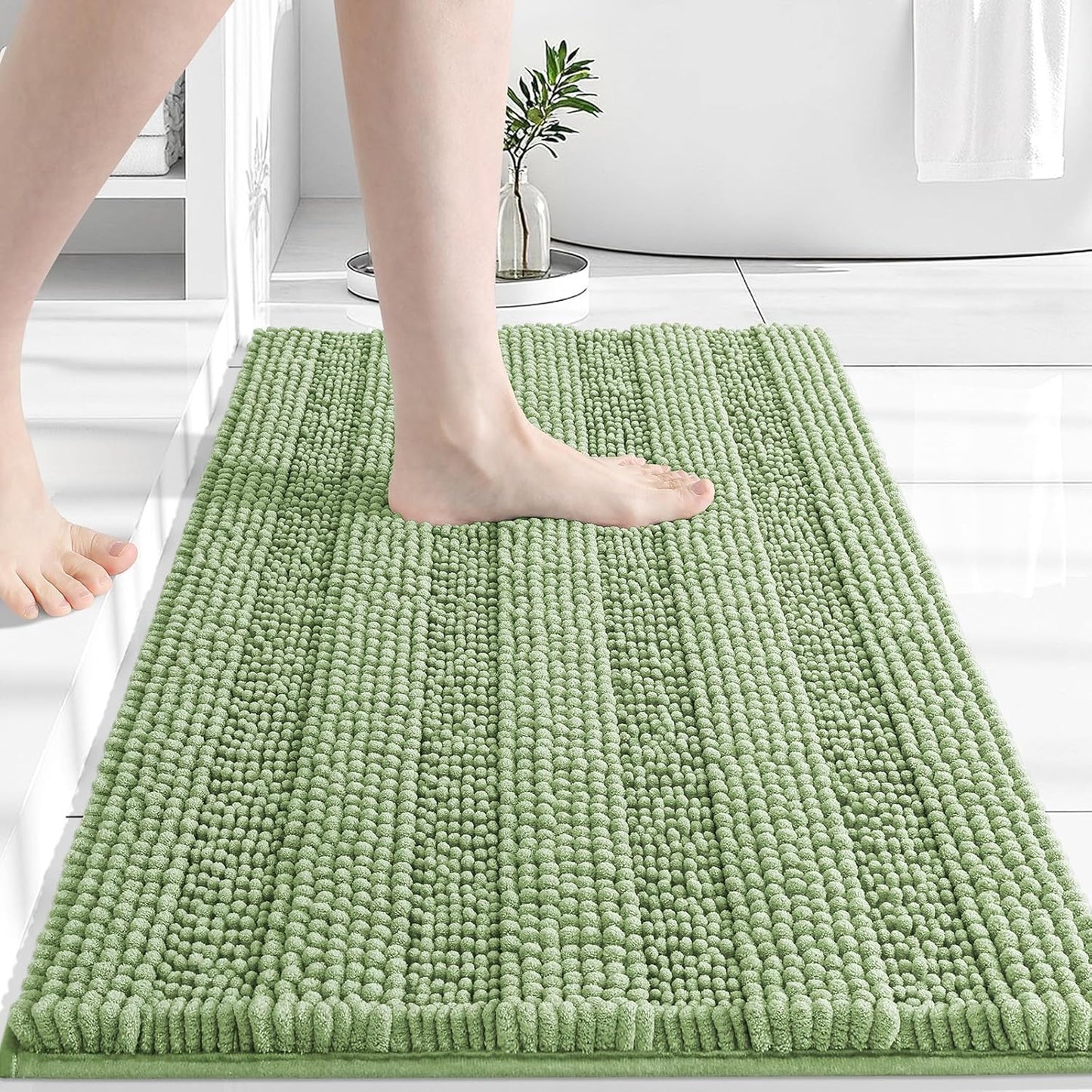 Grandaily Chenille Striped Bathroom Rugs 30x20, Extra Thick and Absorbent Bath Mats, Non-Slip Soft Plush Shaggy Shower Carpet, Machine Wash Dry, Bath Rug for Bathroom, (Medium, Sage Green)