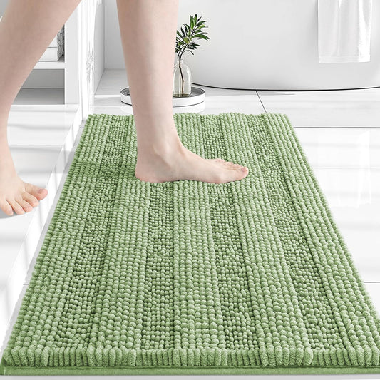 Grandaily Chenille Striped Bathroom Rugs 30x20, Extra Thick and Absorbent Bath Mats, Non-Slip Soft Plush Shaggy Shower Carpet, Machine Wash Dry, Bath Rug for Bathroom, (Medium, Sage Green)