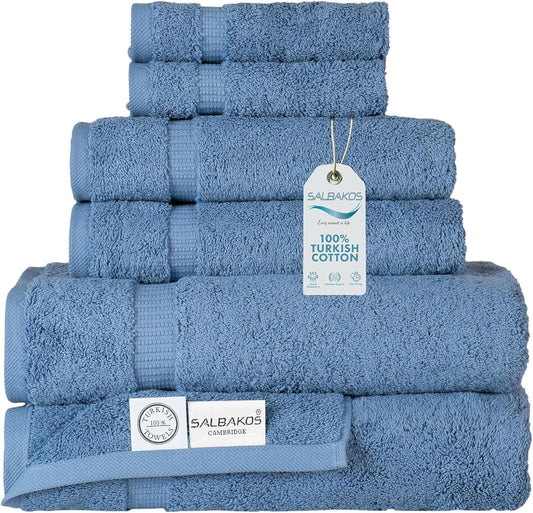 SALBAKOS 100% Turkish Cotton 6-Piece Towel Set | Heirloom Quality Hotel & Spa Collection | Ultra Soft, Super Absorbent 2 Washcloth, 2 Hand, 2 Bath Towel Sets | Made in Turkey (Blue, 6 Piece Towel Set)