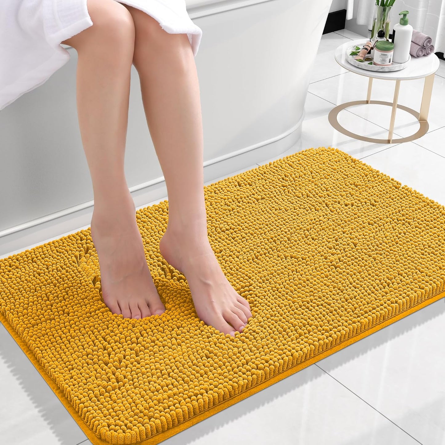 OLANLY Bathroom Rugs 24x16, Extra Soft Absorbent Chenille Bath Rugs, Rubber Backing Quick Dry, Machine Washable Bath Mats for Bathroom Floor, Tub and Shower, Home Decor Accessories, Golden Yellow