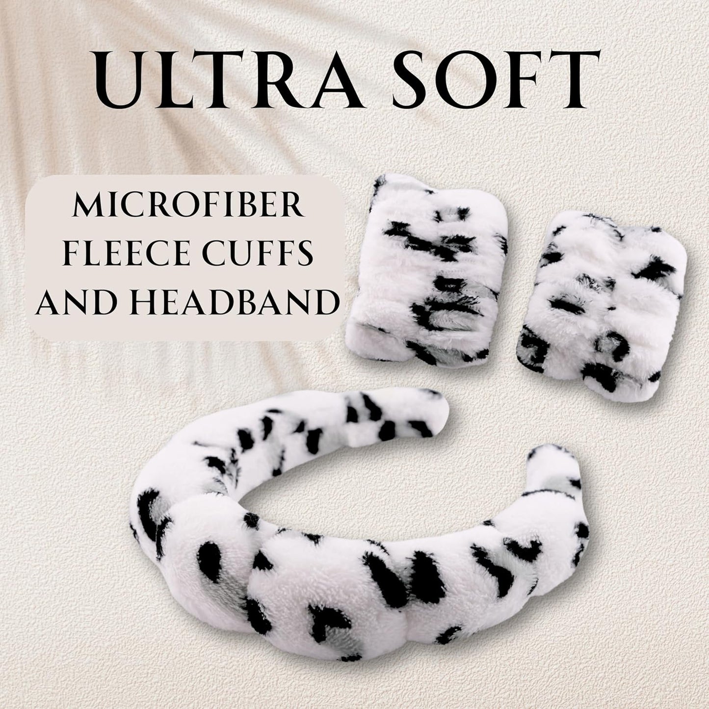 Spa Headband Wrist Band for washing face set Sponge Makeup Skincare Headband Wrist Towels Bubble Soft Terry Towel Cloth Hairband for Women Puffy Headwear Non Slip Thick Thin Hair Headwear (Leopard)
