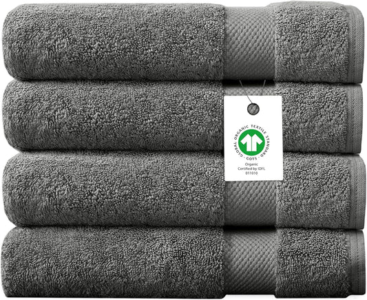 Delara Organic Cotton Luxuriously Plush Bath Towel Pack of 4 | GOTS & OEKO-TEX Certified | Premium Hotel Quality Towels | Feather Touch Technology|650 GSM Long Staple|Soft, Quick Dry & Ultra-Absorbent