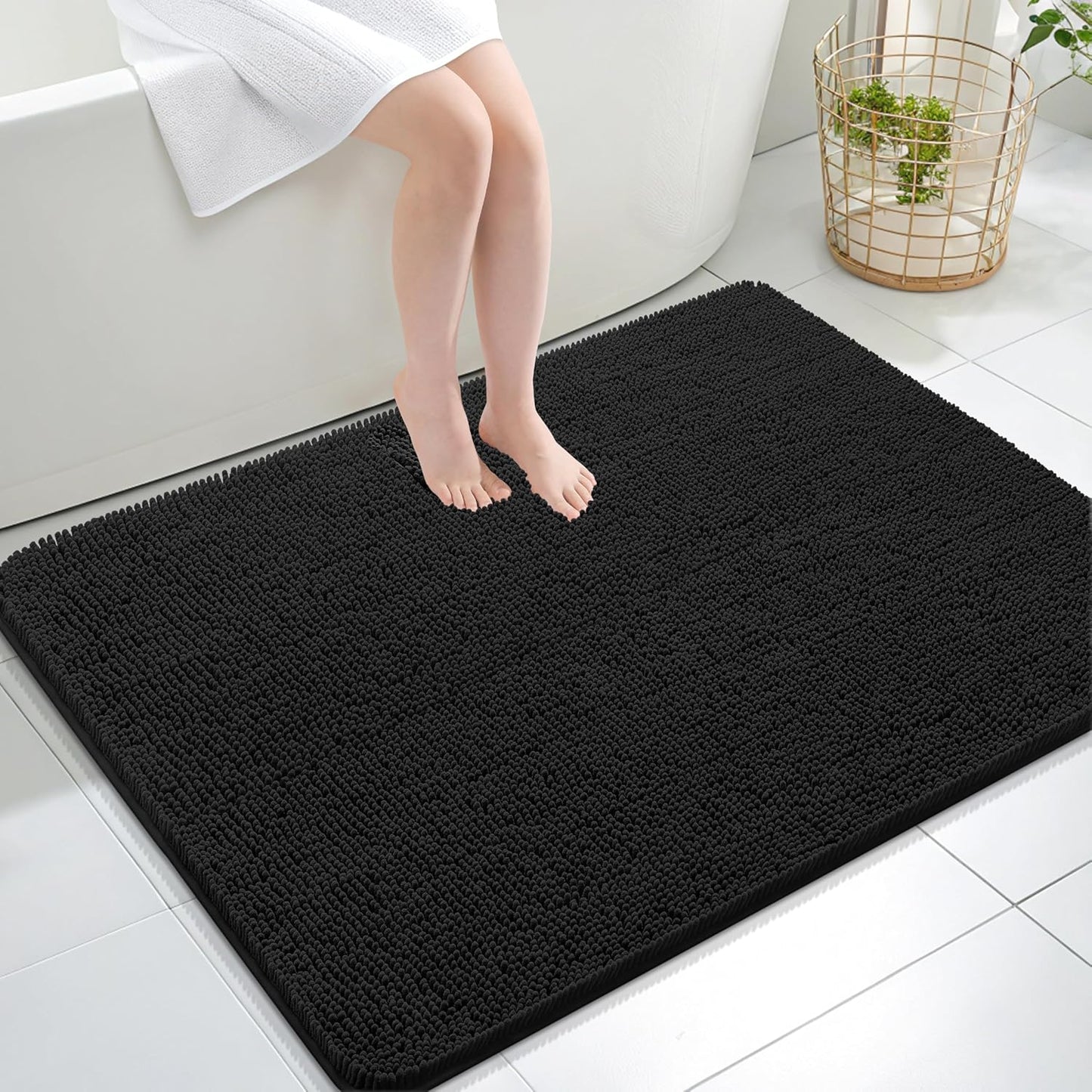 OLANLY Bathroom Rugs 40x32, Extra Soft Absorbent Chenille Bath Rugs, Rubber Backing Quick Dry, Machine Washable Bath Mats for Bathroom Floor, Tub and Shower, Home Decor Accessories, Black