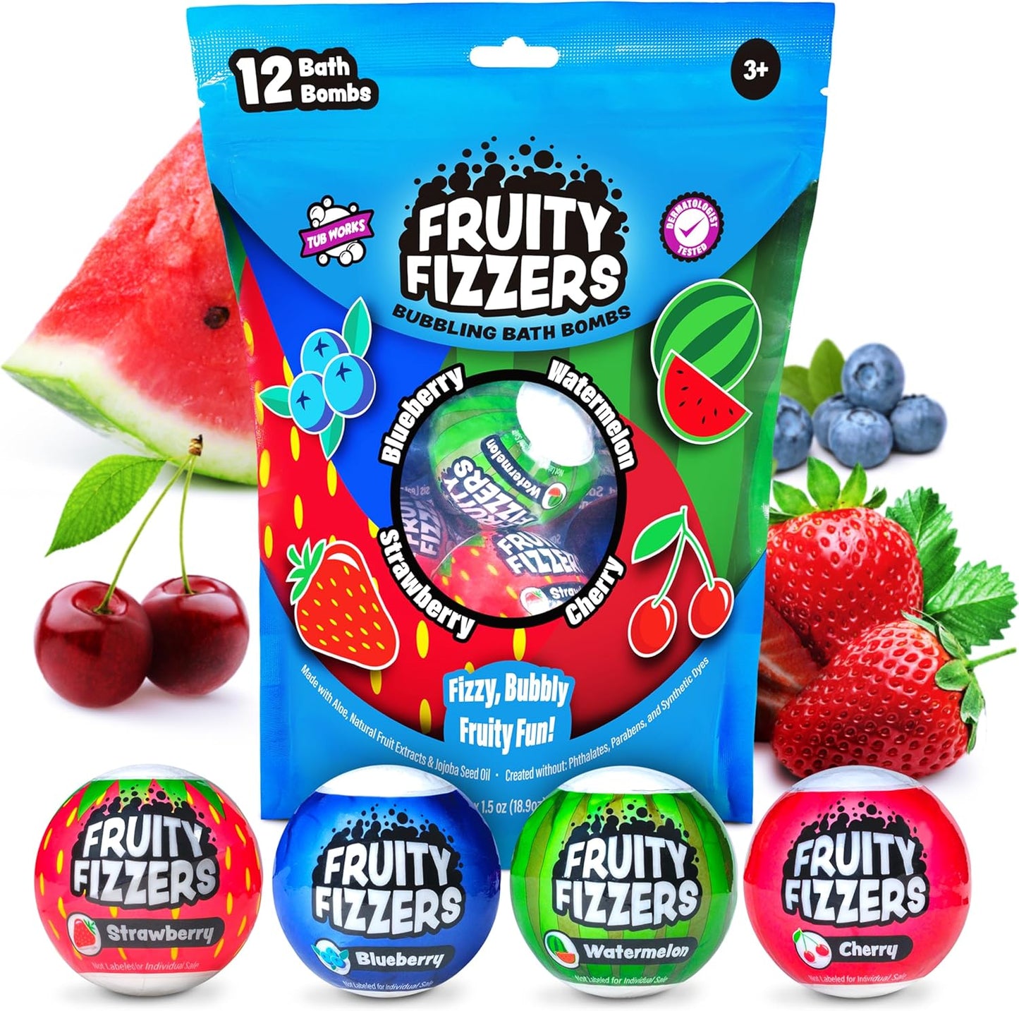 Tub Works® Fruity Fizzers™ Bubbling Bath Bombs for Kids, Variety 12 Pack | Dye-Free & Naturally-Derived | Gentle Kids Bath Bombs for Fizzy, Fruity, Bubbly Fun | Toddler BathBombs with Fruit Extracts