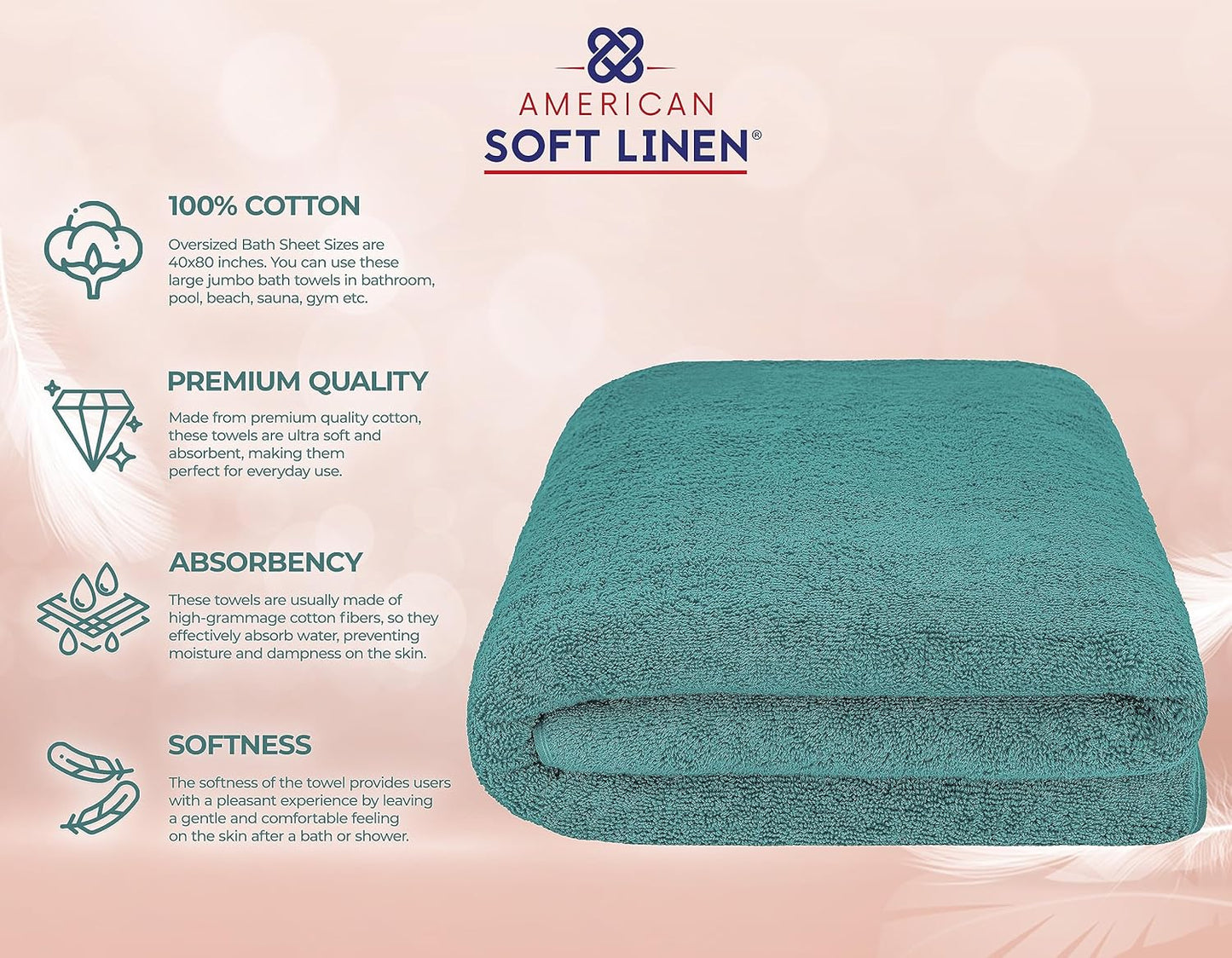 American Soft Linen Oversized Bath Sheet 40x80 Extra Large for Bathroom, 600 GSM 100% Cotton Turkish Jumbo Bathsheet Towels for Adults, Teal Bath Sheet