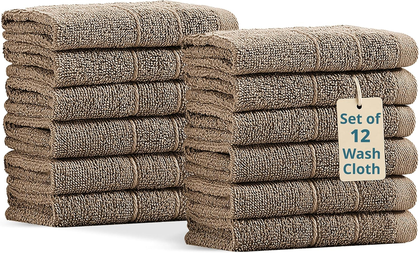 Casa Platino Washcloths 12 Pack - Spa & Salon Quality - 100% Ring Spun Mercerized Cotton Face Towels - Very Soft & Absorbent Wash Cloths for Body, Beauty, Home, Gym - Fingertip Towels - 13"x13", Taupe