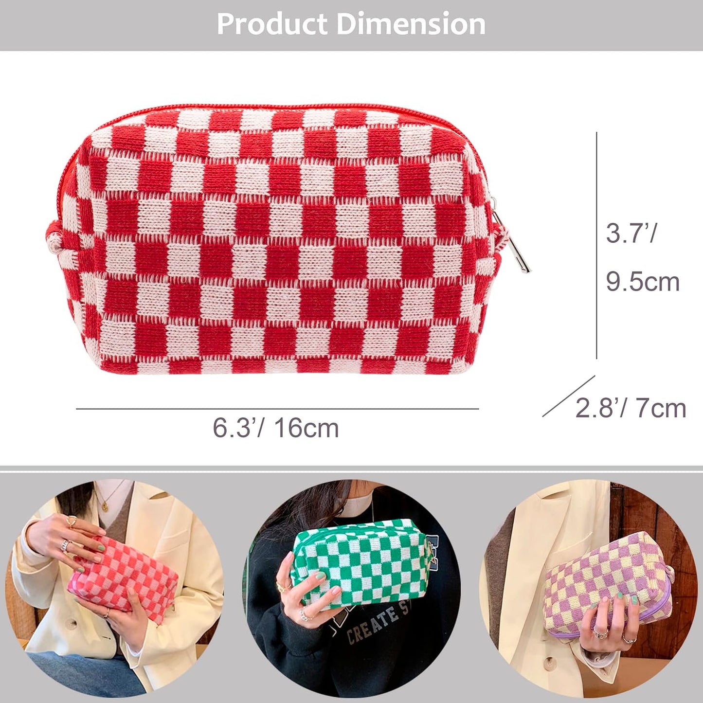 PAZIMIIK Checkered Makeup Bag for Purse Portable Zipper Make Up Pouch Small Cosmetic Case for Travel Accessories (2PCS Red)