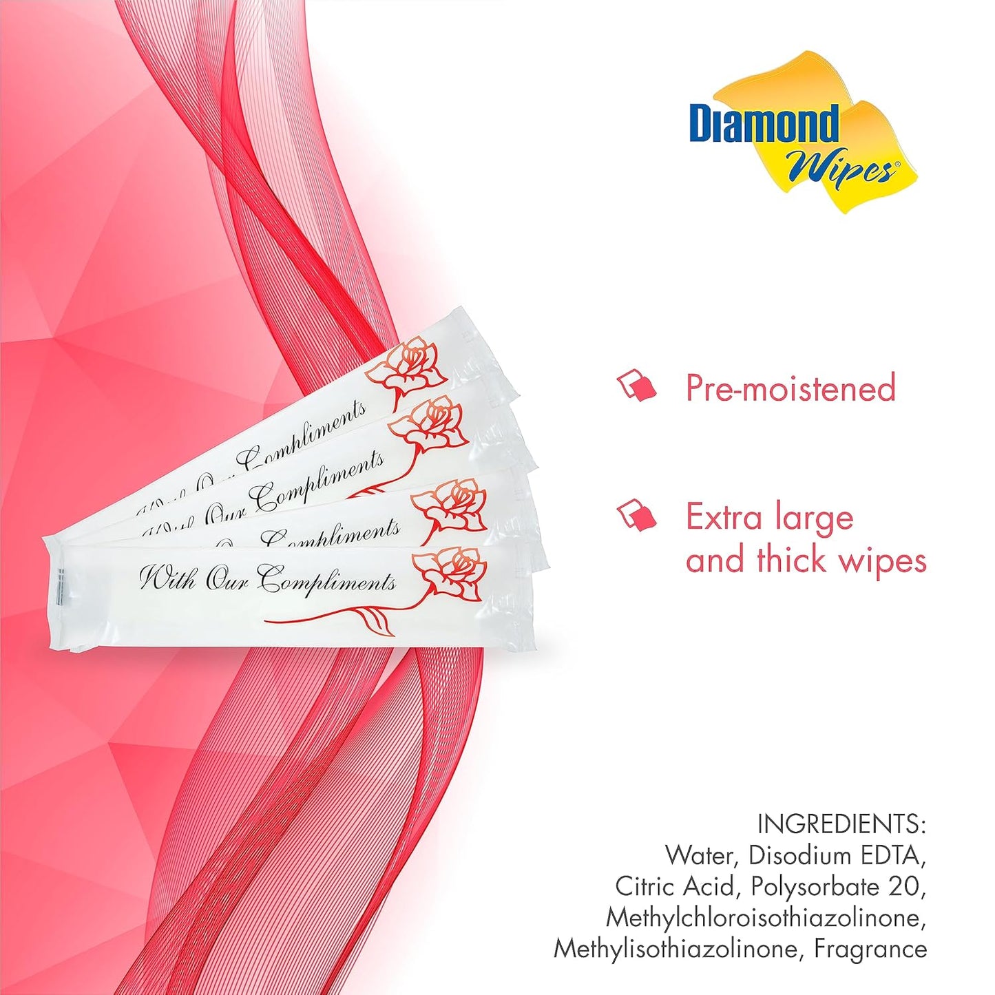 Diamond Wipes Pre-moistened Hand Wipes - “With Our Compliments” Logo 10x8” Extra Thick Lemon-Scented Pack of 500 Individually Wrapped Wet Wipes