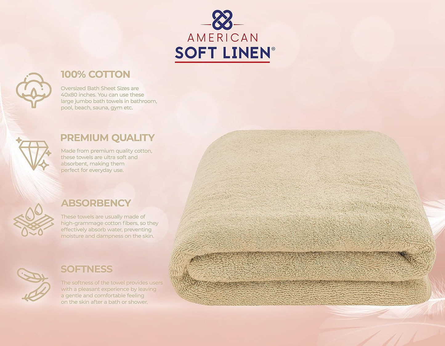 American Soft Linen Oversized Bath Sheet 40x80 Extra Large for Bathroom, 600 GSM 100% Cotton Turkish Jumbo Bathsheet Towels for Adults, Beige Bath Sheet