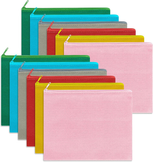 12 Pieces Cotton Canvas Makeup Bag, Multipurpose Cosmetic Bag with Zipper Travel Toiletry Pouch, Blank DIY Craft Bag (Multicolored A, L)