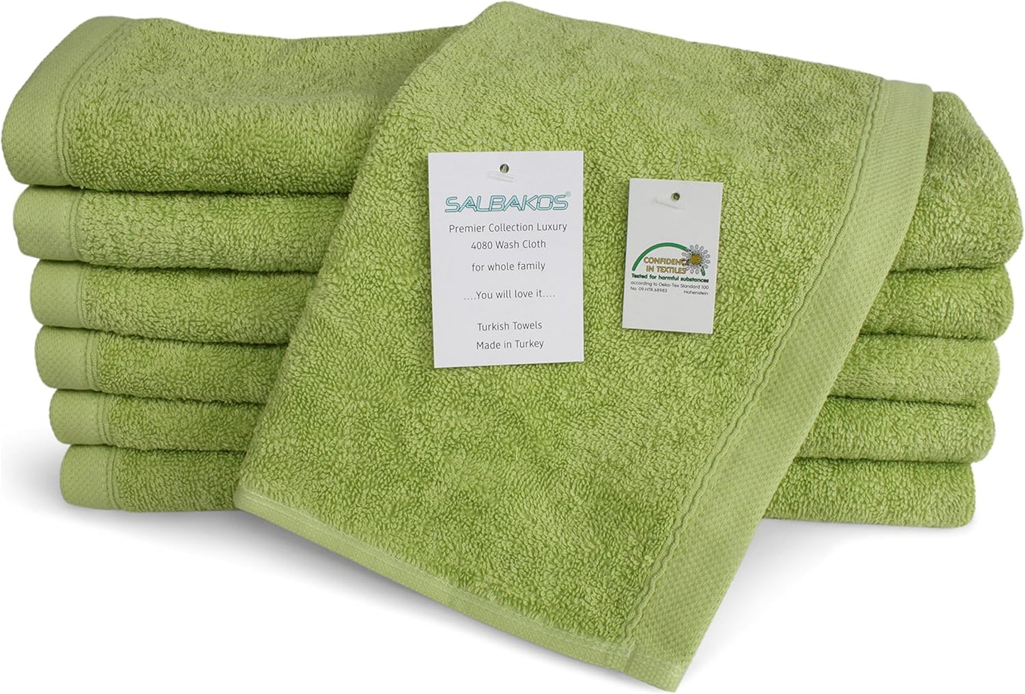 SALBAKOS 100% Turkish Cotton Washcloth Set of 12 13x13 inch | Heirloom Quality | Hotel & Spa Collection | Ultra Soft, Super Absorbent, Washcloth Towels | Made in Turkey (Green, 12 Washcloths)