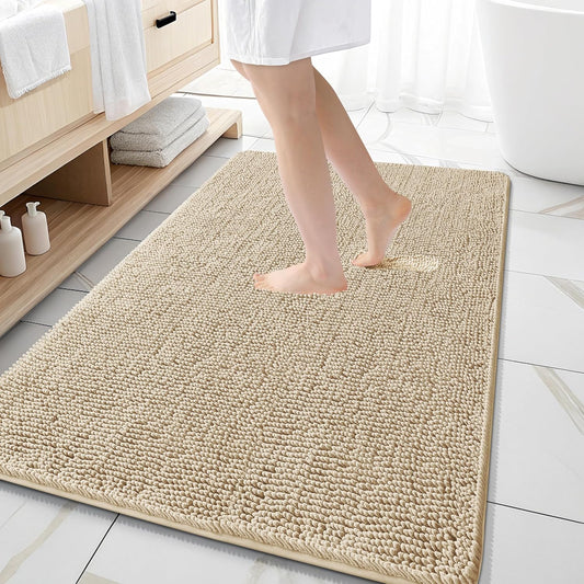 OLANLY Bathroom Rugs 59x35, Extra Soft Absorbent Chenille Bath Rugs, Rubber Backing Quick Dry, Machine Washable Bath Mats for Bathroom Floor, Tub and Shower, Home Decor Accessories, Beige